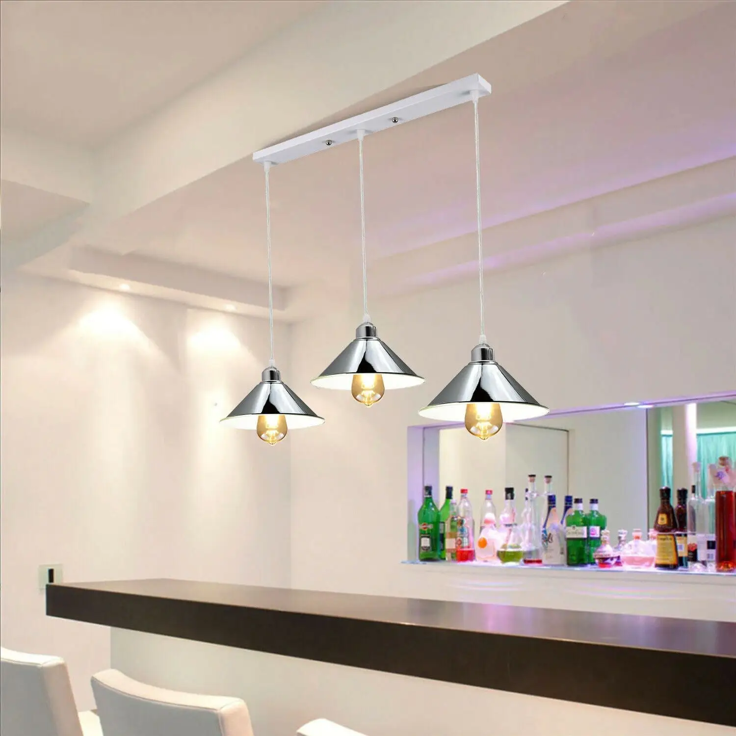 Modern Industrial Chrome 3 Way Ceiling Pendant Light Metal Cone Shape Shade Indoor Hanging Light~1183 by All Mart Bristol Ltd