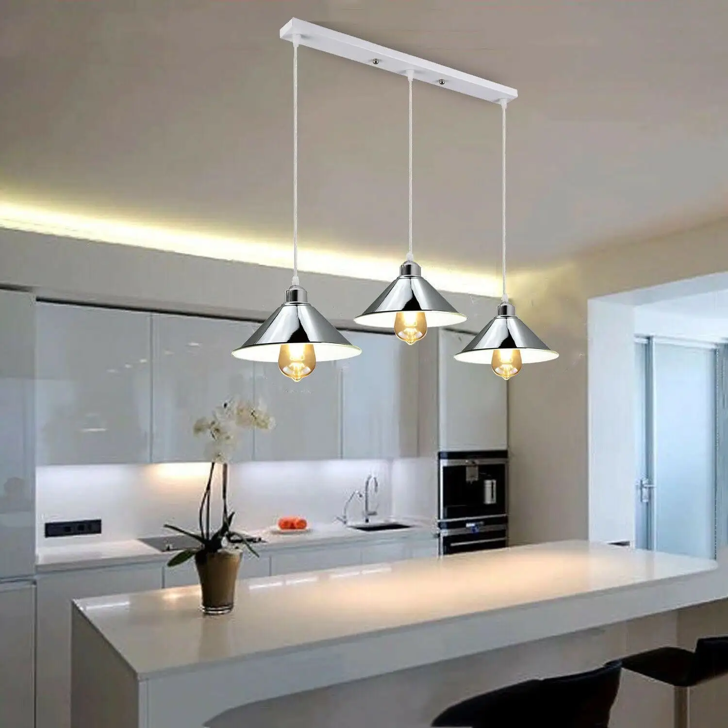 Modern Industrial Chrome 3 Way Ceiling Pendant Light Metal Cone Shape Shade Indoor Hanging Light~1183 by All Mart Bristol Ltd