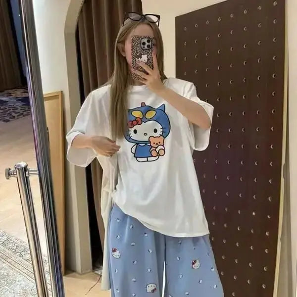 Short Sleeved Hello Kitty Printed T-Shirt Sanrio Women's Summer New Loose Design Versatile Pure Cotton Tops Fun Street Fashion by All Mart Bristol Ltd