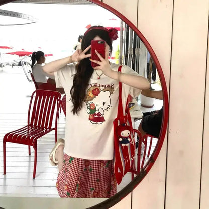 Short-Sleeved T-Shirt Summer New Hello Kitty Printed Cartoon Cute Sanrio Half-Sleeved T-Shirt Pure Cotton Shirt Women's Tops by All Mart Bristol Ltd