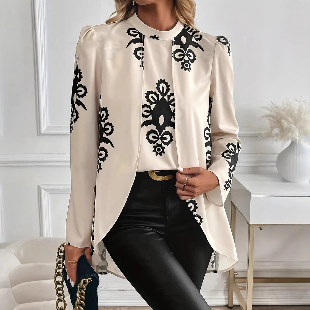 2026 Fashion Women's Long Sleeve Print Blouse, Elegant Office Top with Fake Two-Piece Design by All Mart Bristol Ltd