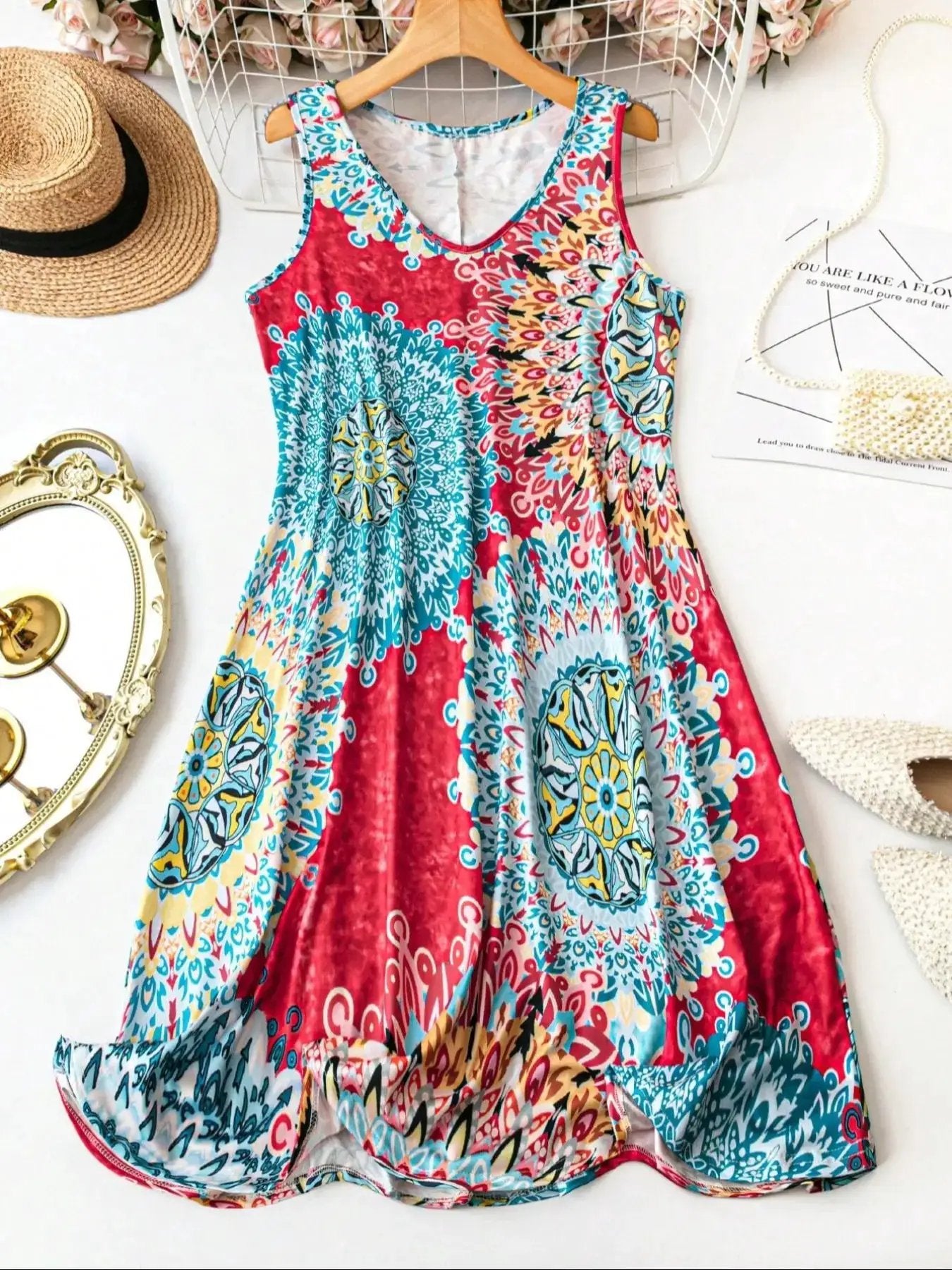 Plus Size Women'S All over Print Sleeveless Vest Dress, Basic Boho Tank Dress, Perfect for Vacation and Home Use, Comfortable and Stylish, Casual Wear by All Mart Bristol Ltd