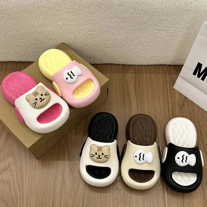 New Cute Kitten Little Fish Comfortable Thick Bottom, One line Dragging Versatile Color blocked Slippers for Home and Indoor Use by All Mart Bristol Ltd
