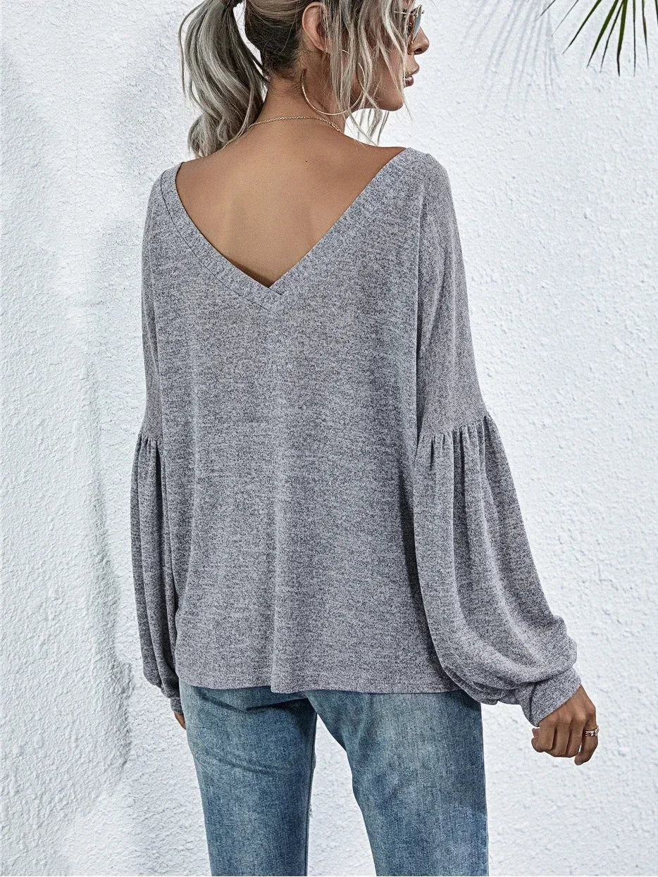 Women's V-neck Solid Color T-shirt Ladies Casual Open Back Pocket Lantern Sleeve Fashion Long Sleeve T-shirt Top by All Mart Bristol Ltd
