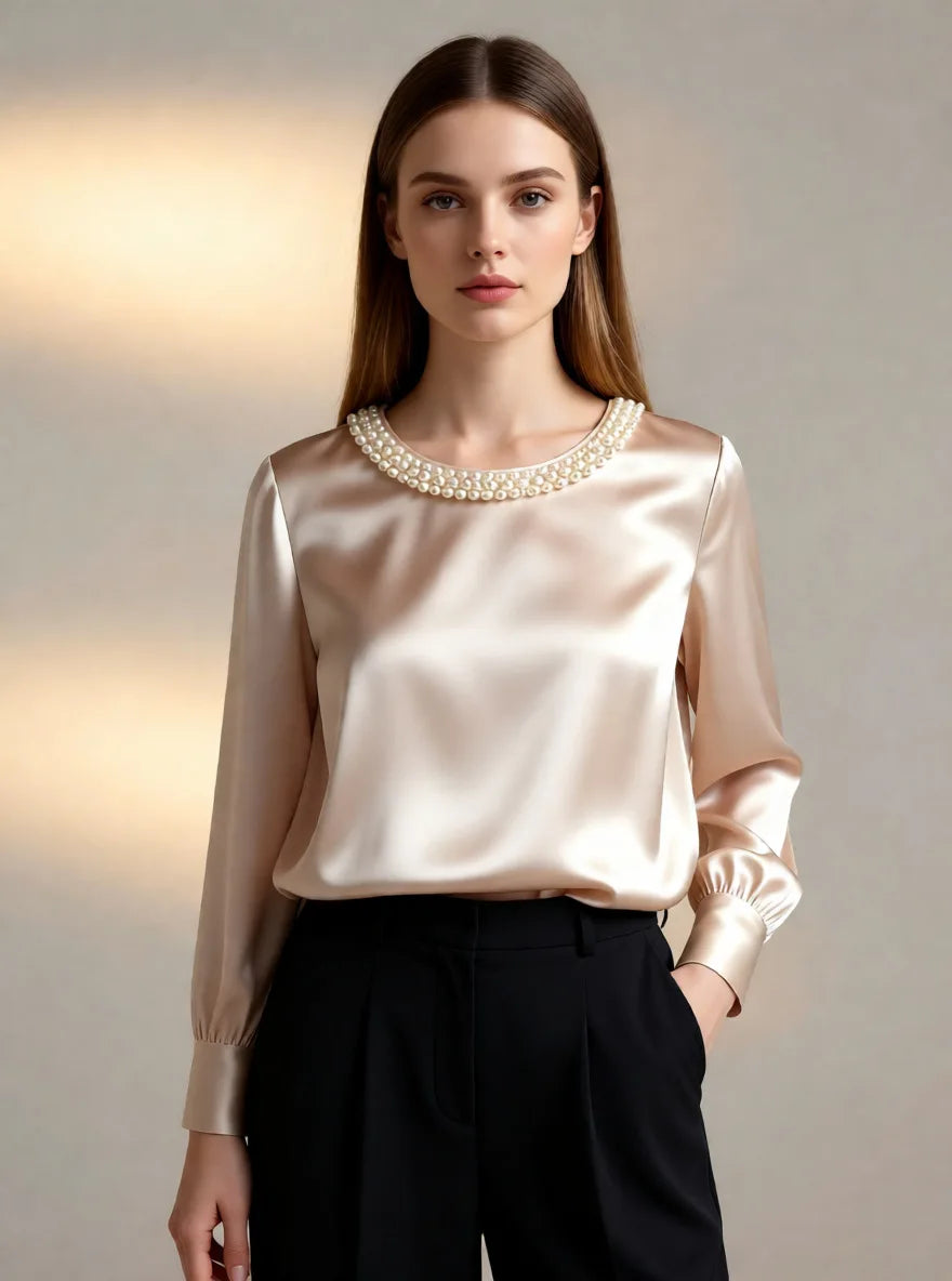 Elegant Beaded Satin Blouse for Women, Loose Fit Long Sleeve Silk Shirt Tops by All Mart Bristol Ltd