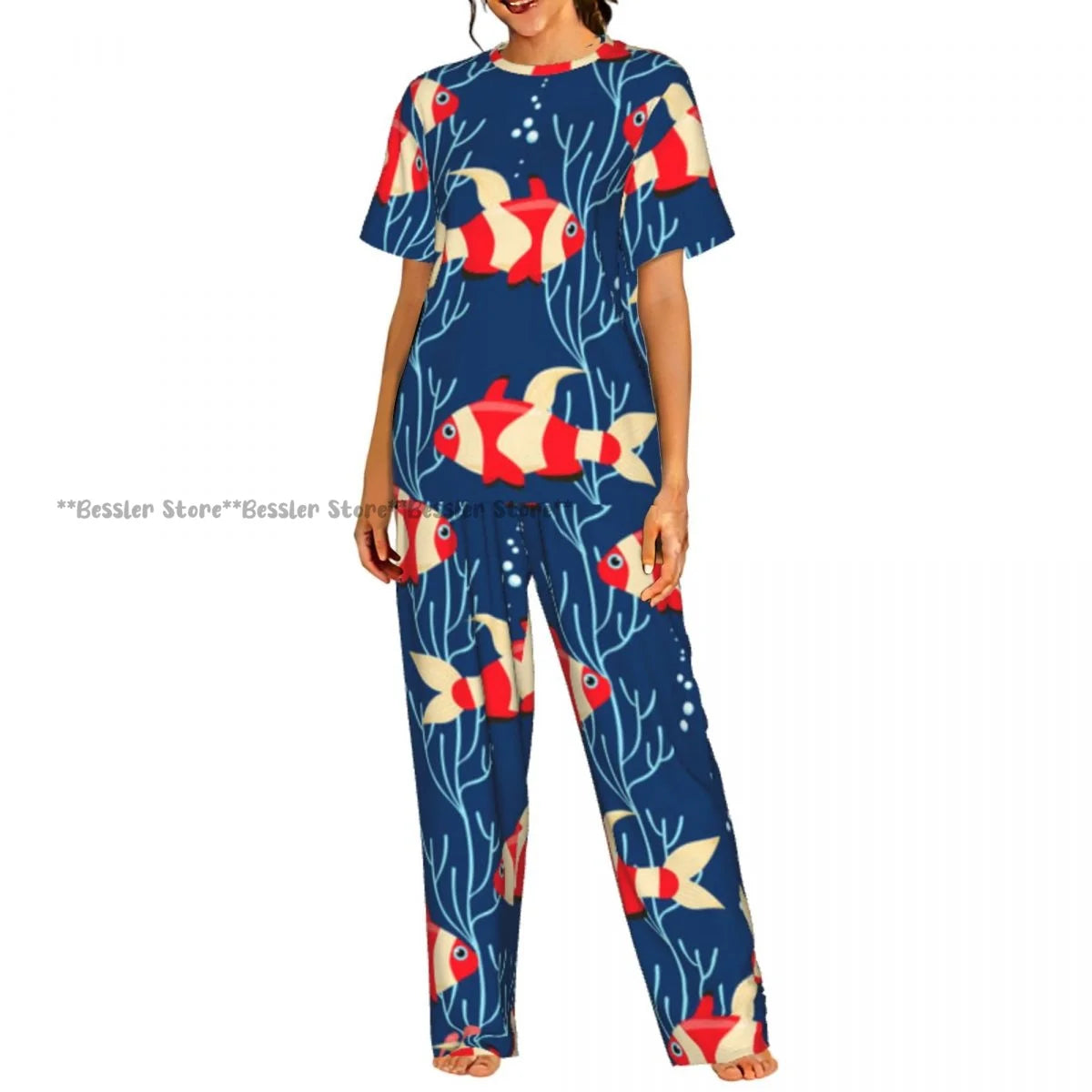 Women's Comfort Pajamas Women's Sea Fish Marine Life Short Sleeve Set Sleepwear by All Mart Bristol Ltd