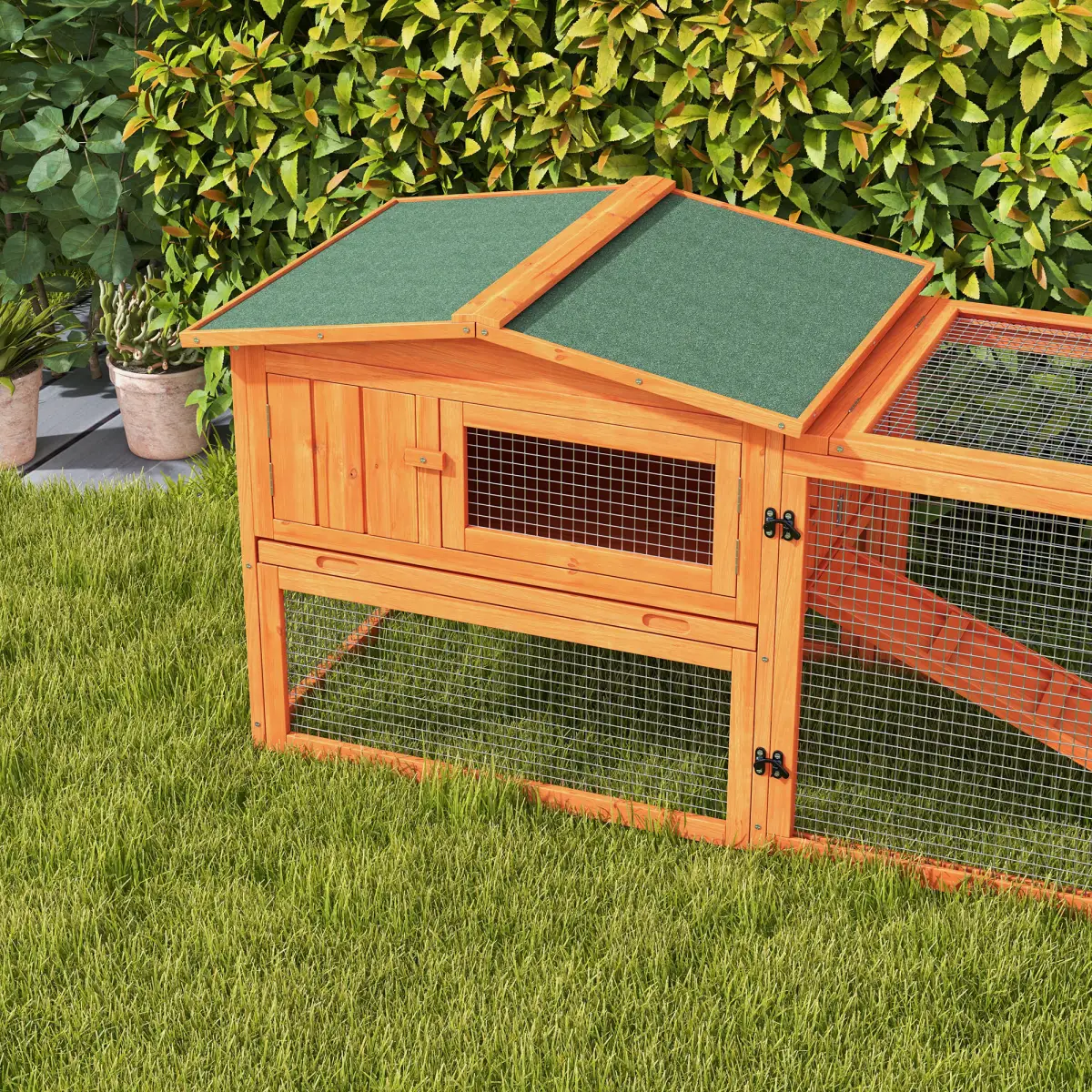 Rabbit Hutch and Run Outdoor Sliding Tray Hay Rack Ramp, 156x58x68 cm Pawhut by Unbranded
