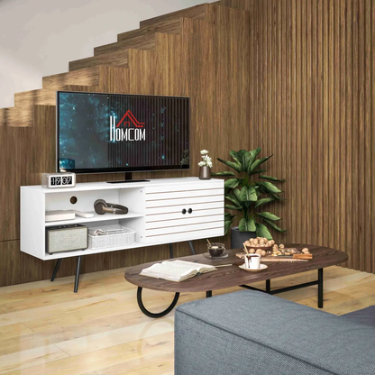 HOMCOM TV Unit for 65" TVs with 2 Open Shelves, Door and 2 Cable Holes, White by HOMCOM