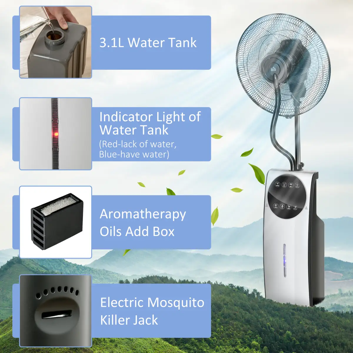 Pedestal Fan with Water Mist Spray Standing Fan w/ 3.1L Water Tank Black by HOMCOM