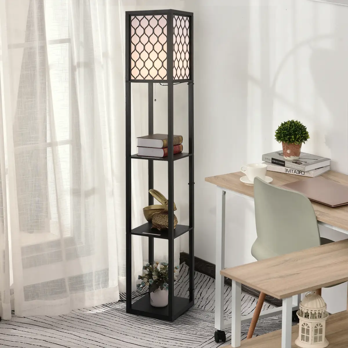 Shelf Floor Lamp W/4-tier Open Shelves Wooden, 26L x 26W x 160Hcm-Black/White by HOMCOM
