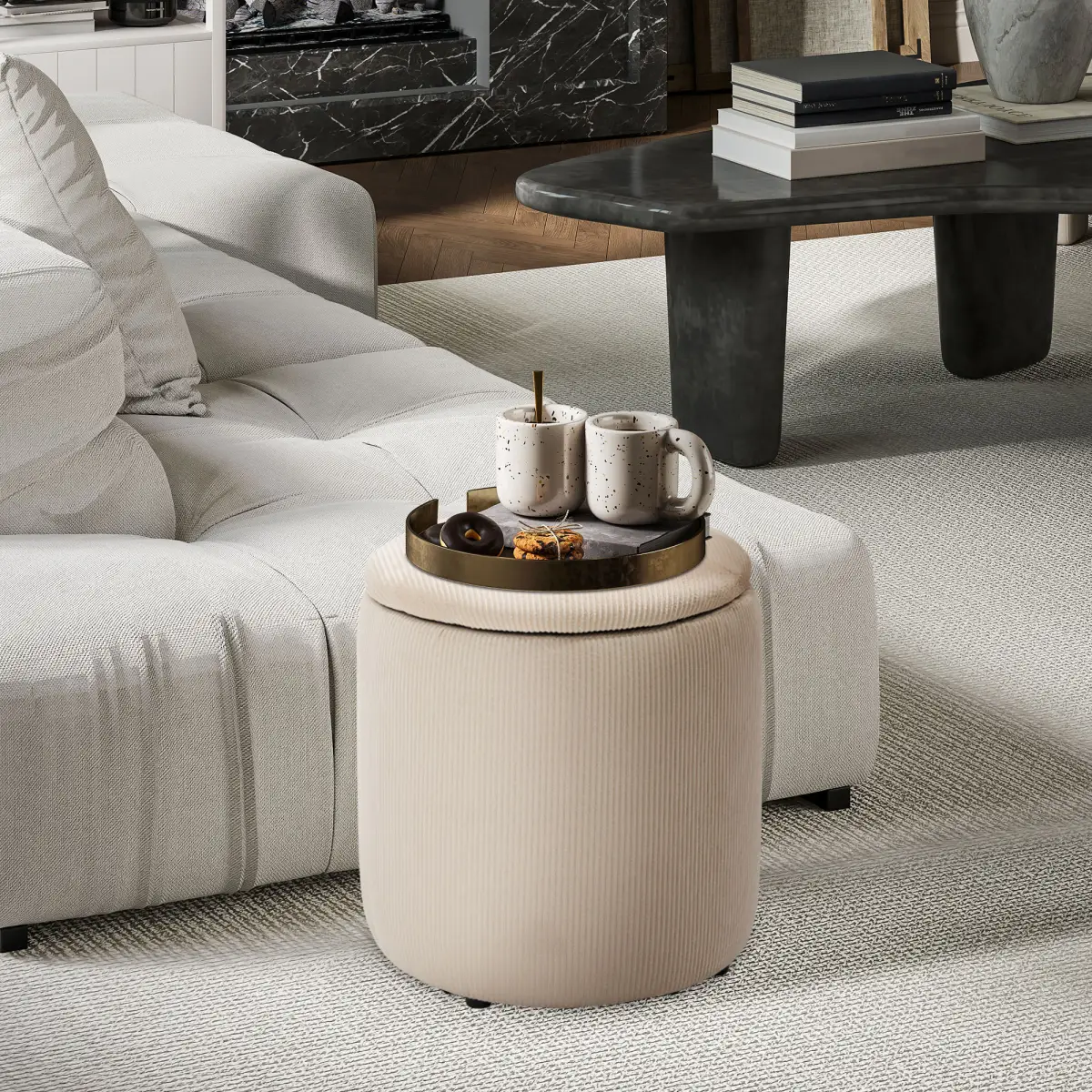 HOMCOM Modern Fabric Storage Ottoman with Removable Lid, Set of 2, Cream White by HOMCOM