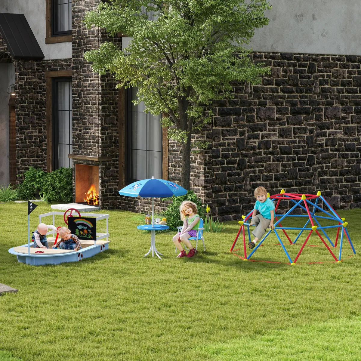 Kids Foldable Four-Piece Garden Set w/ Table, Chairs, Umbrella - Blue by Unbranded