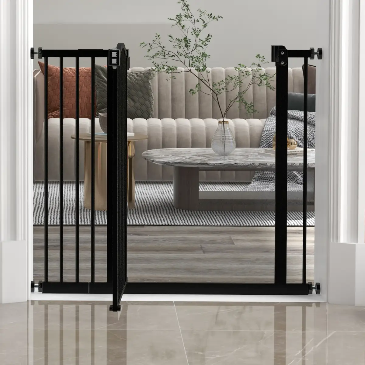 PawHut 74-94cm Adjustable Metal Pet Gate Safety Barrier w/ Auto-Close Black by PawHut