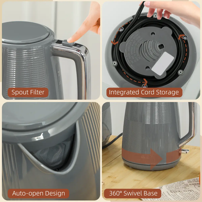 HOMCOM 1.7L Fast Boil Electric Kettle and 2 Slice Water Toaster Set, Grey by HOMCOM