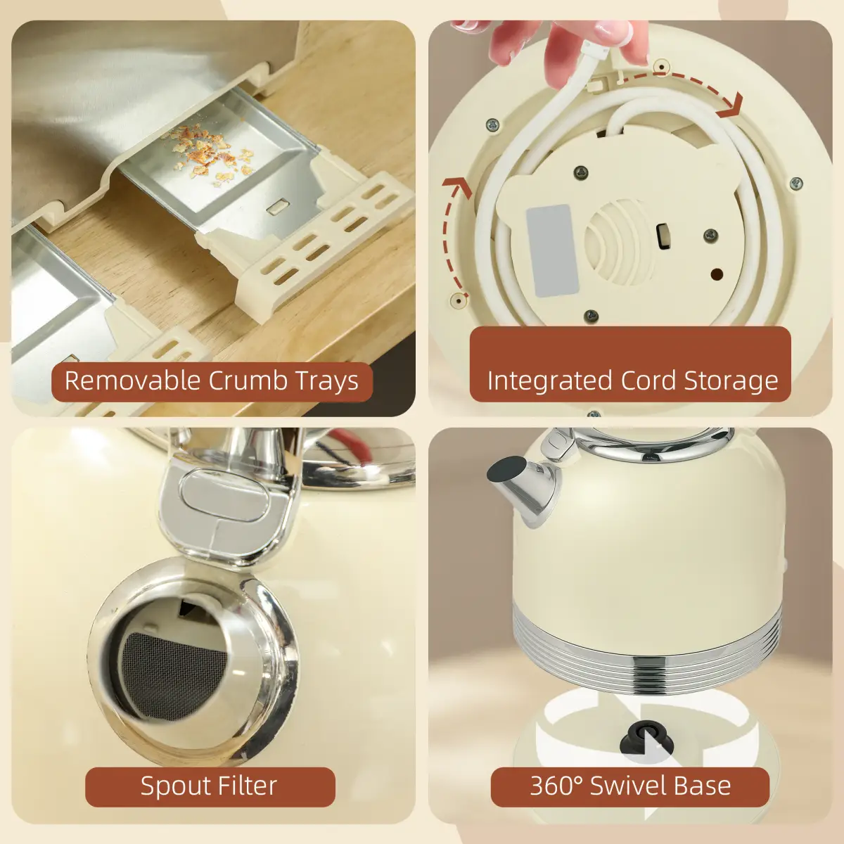 HOMCOM 1.7L 3000W Fast Boil Electric Kettle and 4 Slice Toaster Set, Cream by HOMCOM