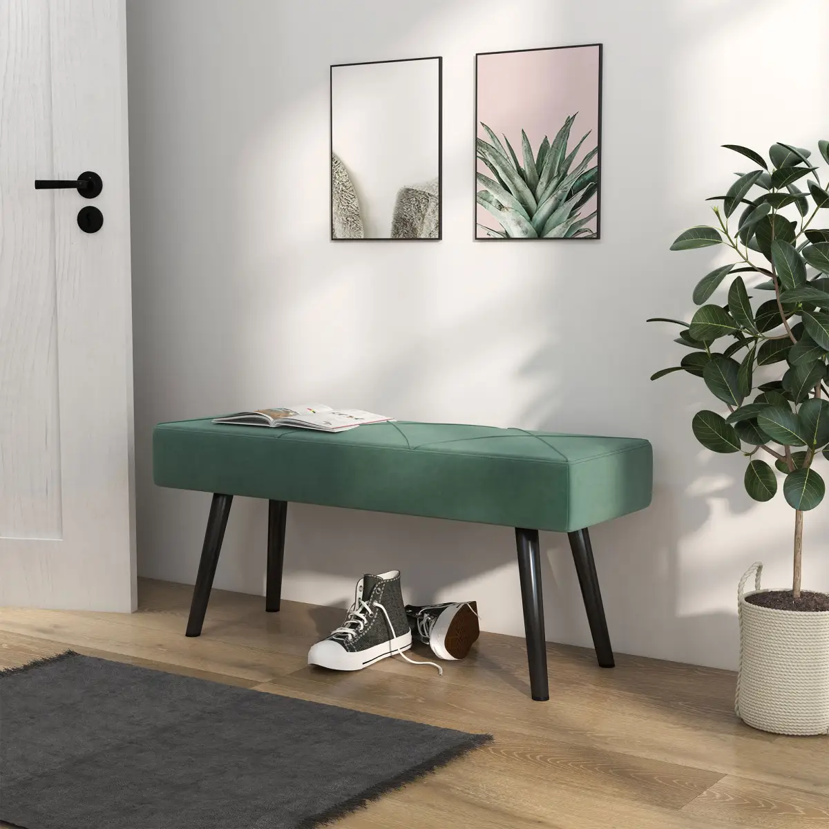 HOMCOM End of Bed Bench, Upholstered Hallway Bedroom with Steel Legs, Green by HOMCOM
