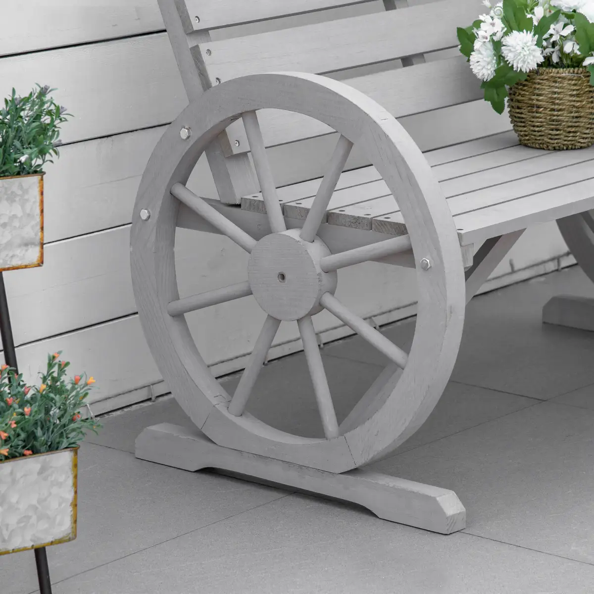 2 Seater Bench Armrest Chair & Wooden Cart Wagon Wheel Rustic High Back Grey by Outsunny