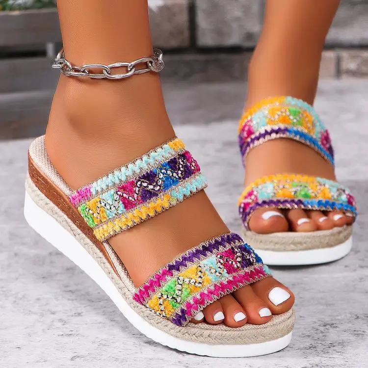 Fashion Wavy Pattern Woven Sandals Summer Casual Ethnic Style Slippers Linen Bottom Wide Strap Wedges Shoes For Women by Dropshipman