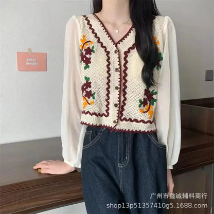 New Embroidered Lace Collar Short-Sleeved Chiffon Blouse for Women - Minimalist Chic Style, with Open and Loose Fit Top. by All Mart Bristol Ltd