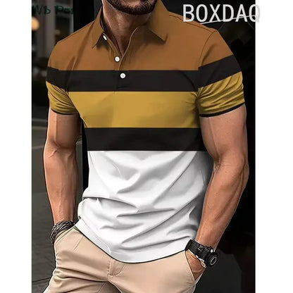 Classic Striped Print Polo Shirt Men's Business Casual Tops Simple Basic Polos Men Summer Big Size Short Sleeve Lapel Polo Shirt by All Mart Bristol Ltd