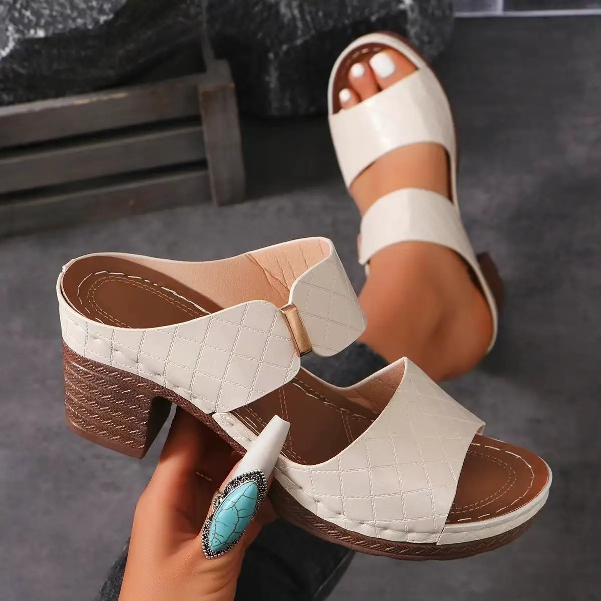 Chunky Heel Sandals Summer Round Toe Plaid Slides Slippers Fashion Outdoor High Heels Shoes For Women by Dropshipman