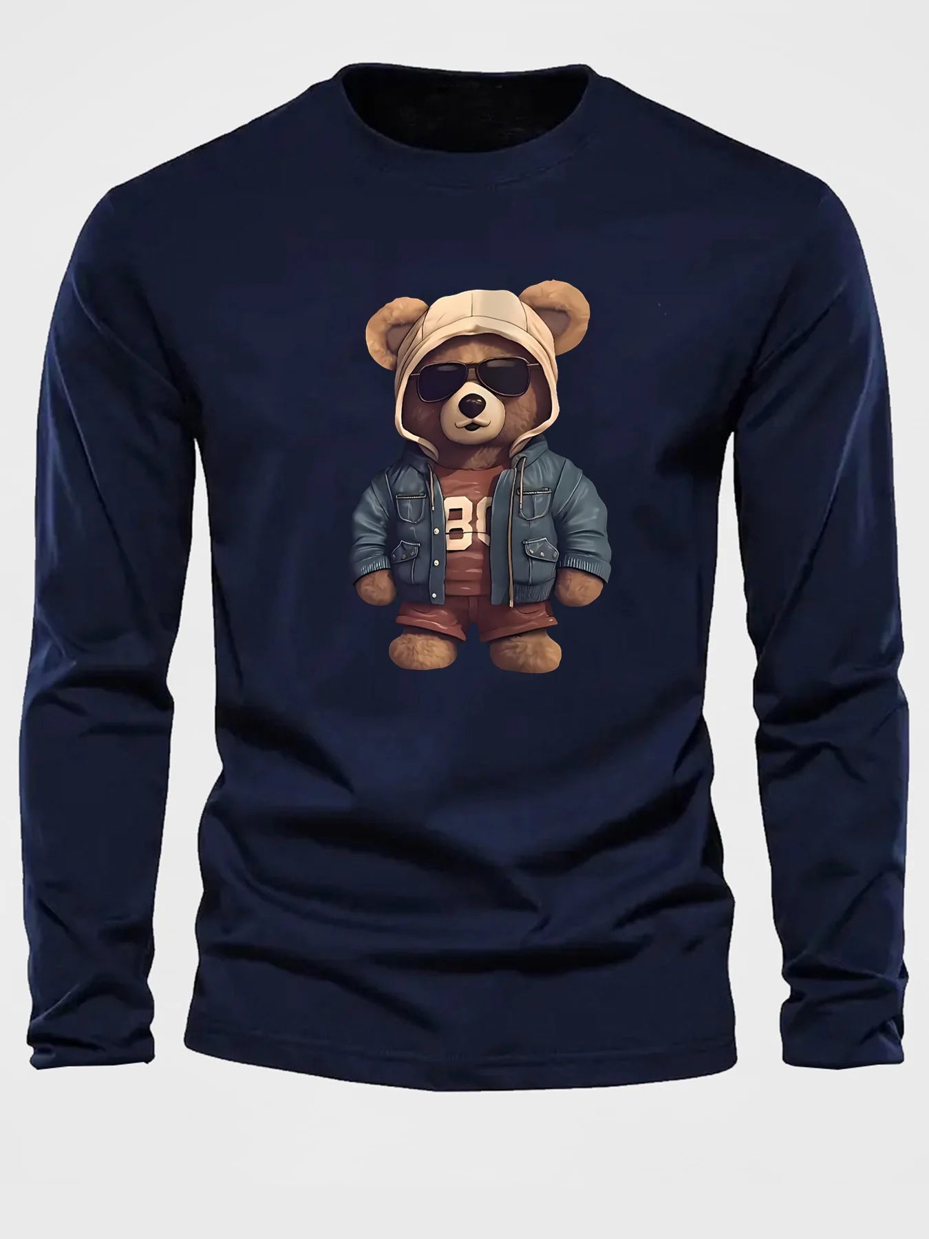 100 cotton men's casual long sleeved round neck loose bear pattern printed autumn and winter T-shirt top versatile by All Mart Bristol Ltd