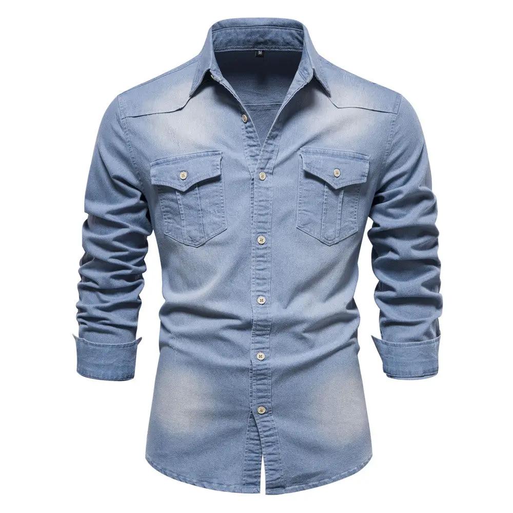 Men's Long-sleeved Denim Shirt Casual Solid Button Slim Tops Clothing by Dropshipman