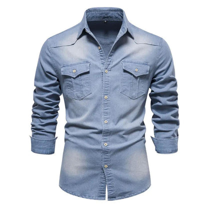 Men's Long-sleeved Denim Shirt Casual Solid Button Slim Tops Clothing by Dropshipman