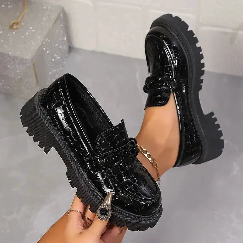 Women's Chain Decor Platform Loafers Fashion Black Patent Leather Dress Shoes Woman Comfortable Slip On Flat Shoes Plus Size 42 by All Mart Bristol Ltd