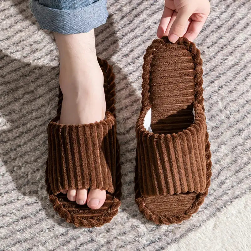 Open-Toe Breathable House Slippers for Women, Non-Slip Indoor Flat Comfort Striped/Solid Bathroom Slides for Hardwood Floors by All Mart Bristol Ltd