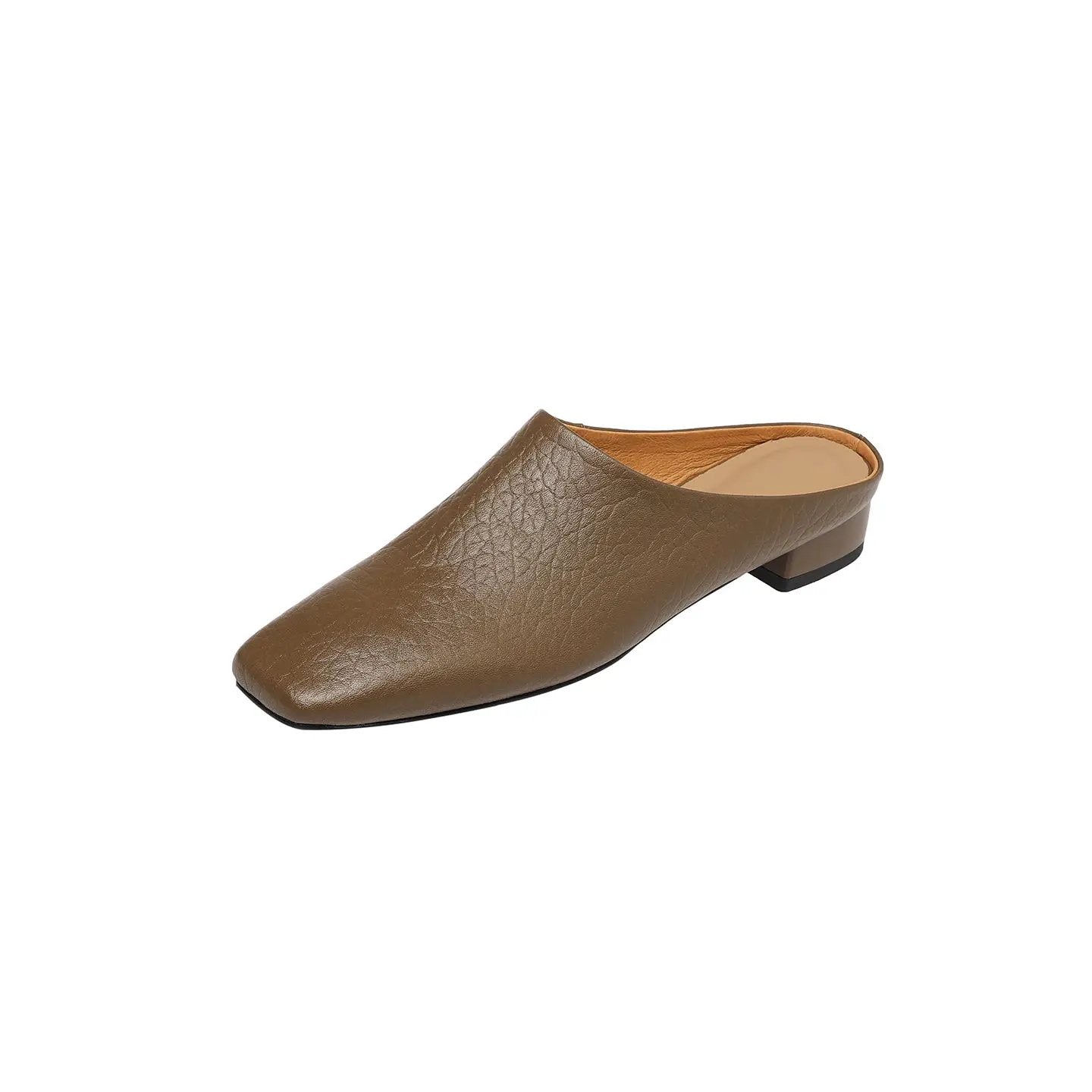 Women's Premium Full-Grain Cowhide Square Toe Mules, Low Block Heel Slip-On Backless Shoes by Dropshipman