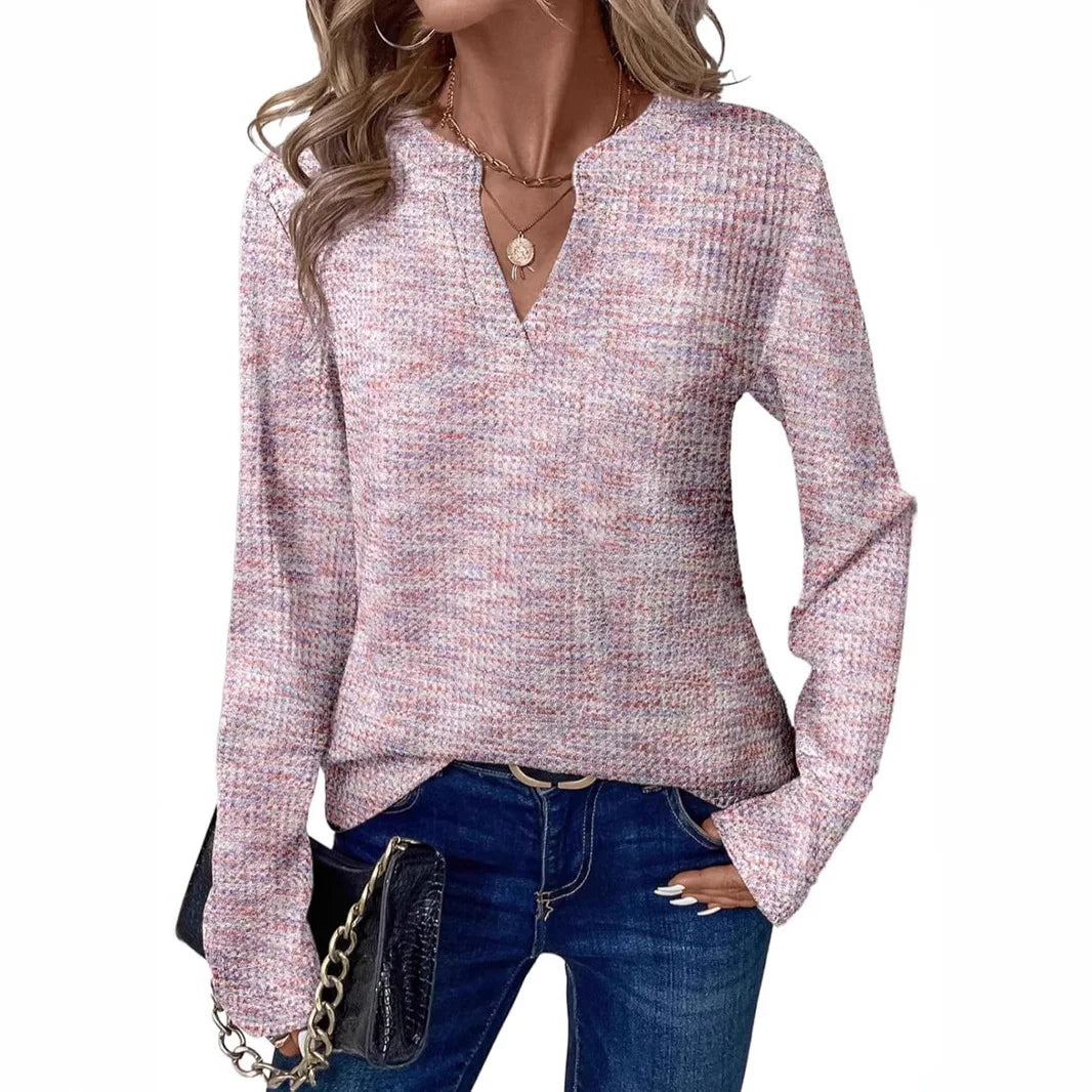 New Womens Notched V-Neck Long Sleeve Space Dye Waffle Knit Blouse Casual Loose Fit Top for Daily Wear by All Mart Bristol Ltd