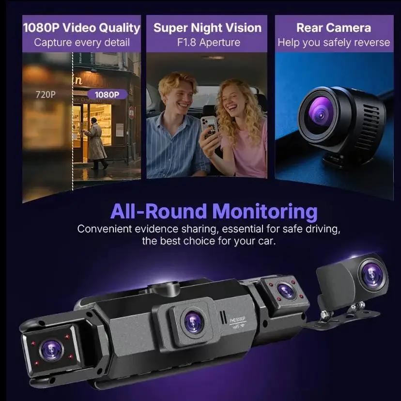 4 Channel Dash Cam with 360° Surround View Includes FREE OBD Cable for 24/7 Parking Monitor 4 Lens Front Rear inside Left Right Recording 3" Display, Built-In Wifi, 64GB Card Clear Night Vision, Hdr，Automotive Driving Recorder by All Mart Bristol Ltd
