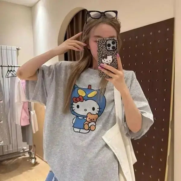 Short Sleeved Hello Kitty Printed T-Shirt Sanrio Women's Summer New Loose Design Versatile Pure Cotton Tops Fun Street Fashion by All Mart Bristol Ltd