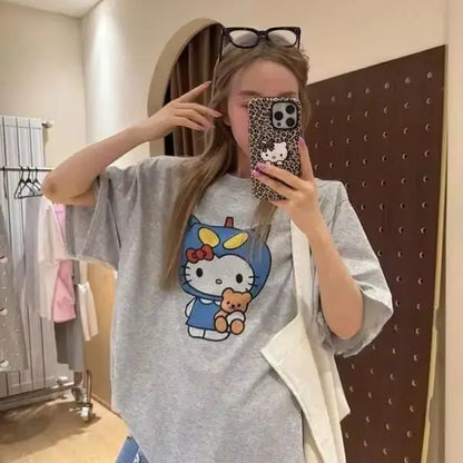 Short Sleeved Hello Kitty Printed T-Shirt Sanrio Women's Summer New Loose Design Versatile Pure Cotton Tops Fun Street Fashion by All Mart Bristol Ltd