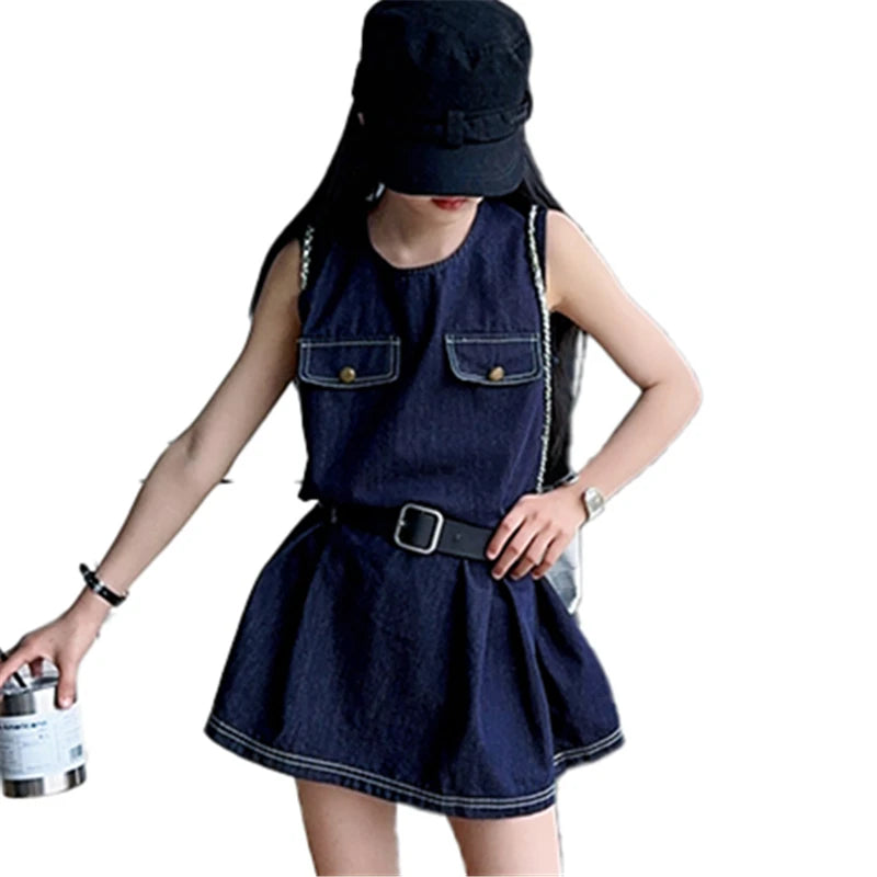 Stylish Kids Fashion Denim Bodysuit Dress for Girls Vintage Dark Blue Jeans Skirt With Belt Child Trendy Streetwear Outfit 5-14Y by All Mart Bristol Ltd