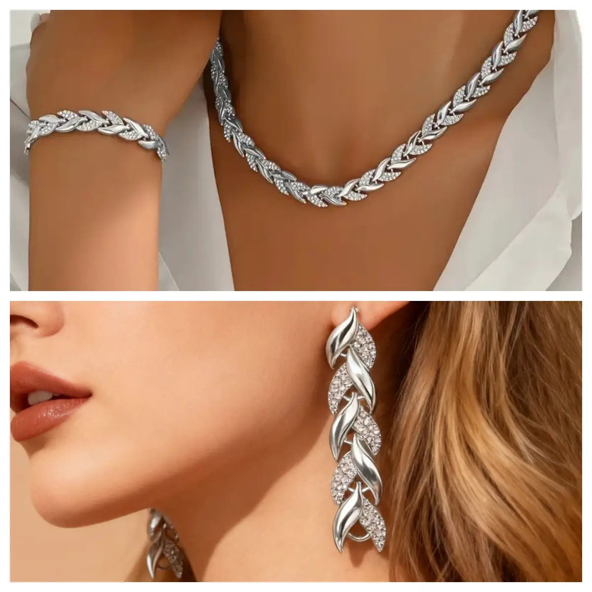 2PCS Glass Leaf Necklace Set Elegant Rhinestone Chain Necklace Bracelet For Women Fashion Luxury Jewelry Set by Dropshipman