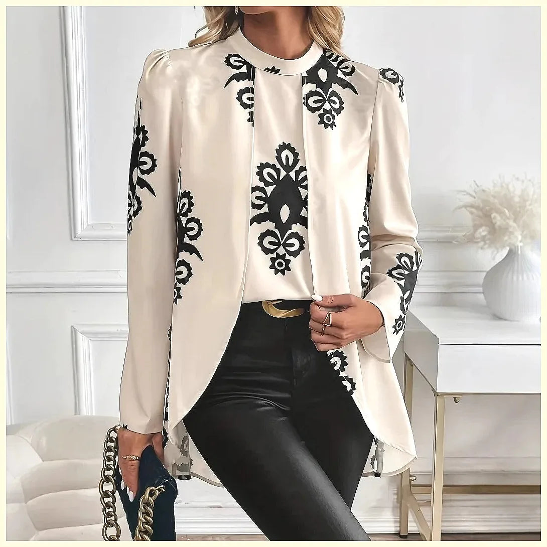 2026 Fashion Women's Long Sleeve Print Blouse, Elegant Office Top with Fake Two-Piece Design by All Mart Bristol Ltd