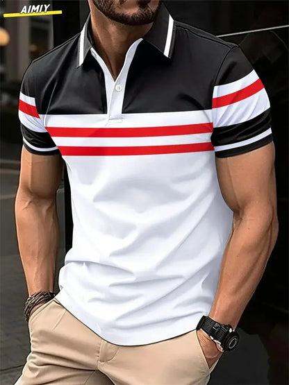 New Male Golf Stripe Polo Men's Casual Short-Sleeved Polo Shirt Solid Color Lapel Fashion Business Sports Breathable T-Shirt Top by All Mart Bristol Ltd