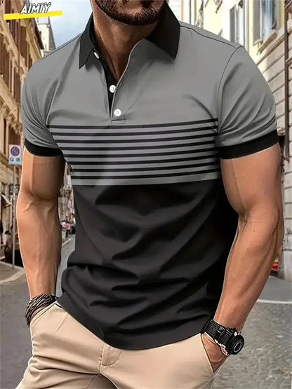 New Male Golf Stripe Polo Men's Casual Short-Sleeved Polo Shirt Solid Color Lapel Fashion Business Sports Breathable T-Shirt Top by All Mart Bristol Ltd