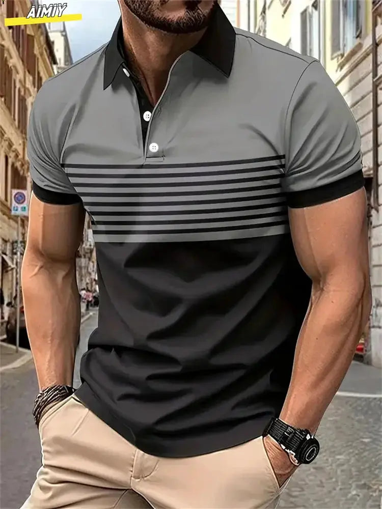 New Male Golf Stripe Polo Men's Casual Short-Sleeved Polo Shirt Solid Color Lapel Fashion Business Sports Breathable T-Shirt Top by All Mart Bristol Ltd