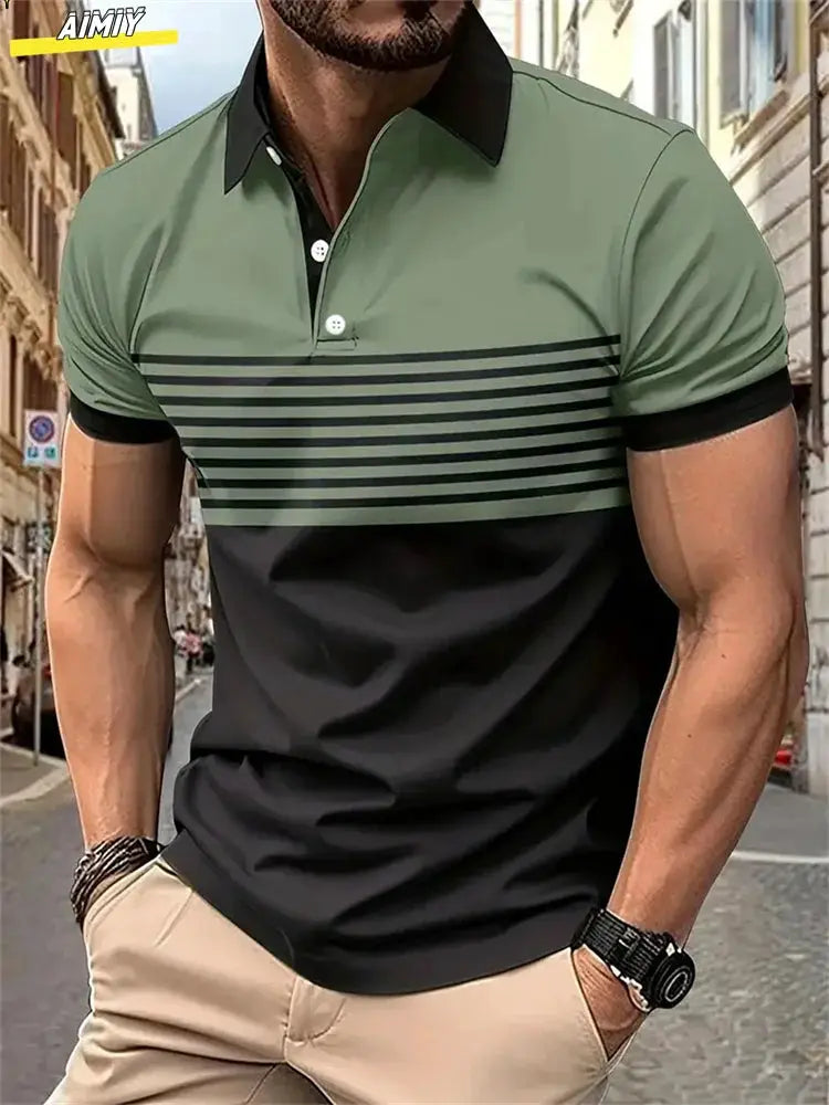 New Male Golf Stripe Polo Men's Casual Short-Sleeved Polo Shirt Solid Color Lapel Fashion Business Sports Breathable T-Shirt Top by All Mart Bristol Ltd