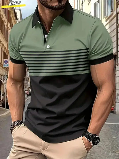 New Male Golf Stripe Polo Men's Casual Short-Sleeved Polo Shirt Solid Color Lapel Fashion Business Sports Breathable T-Shirt Top by All Mart Bristol Ltd