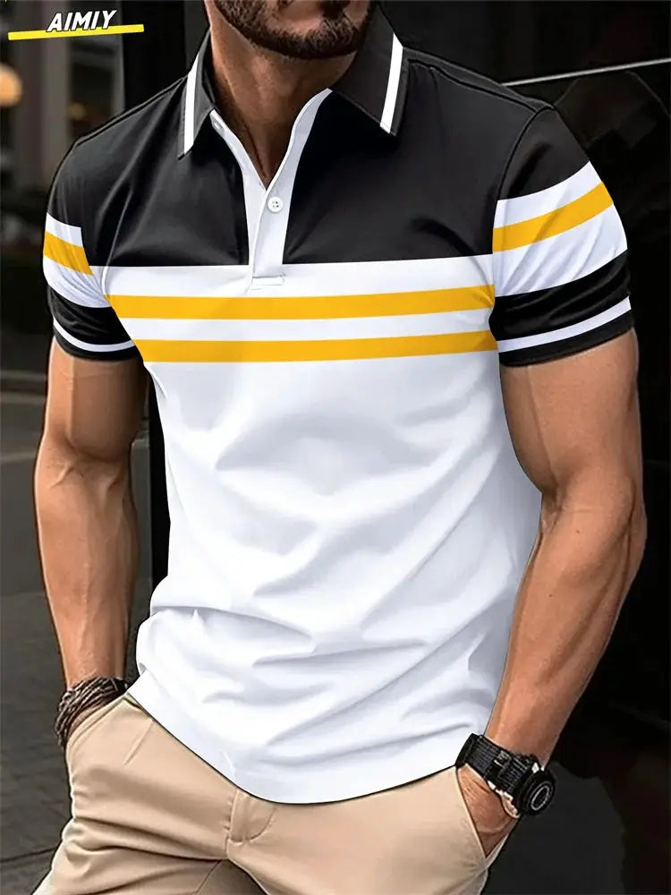 New Male Golf Stripe Polo Men's Casual Short-Sleeved Polo Shirt Solid Color Lapel Fashion Business Sports Breathable T-Shirt Top by All Mart Bristol Ltd
