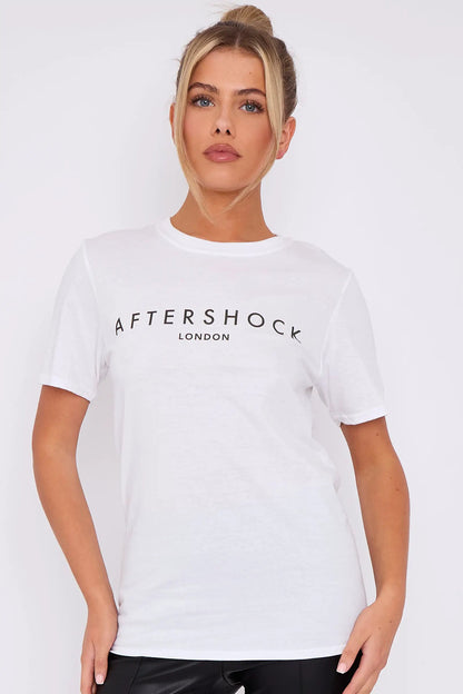 White Logo Short Sleeve Round Neck T-Shirt by Aftershock London