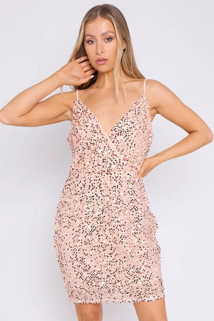 Rose Gold Sequin Mini Cami Dress by Aftershock London