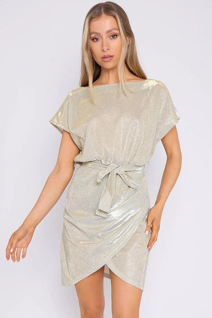 Champagne Sparkly Wrap Mini Dress by Aftershock London