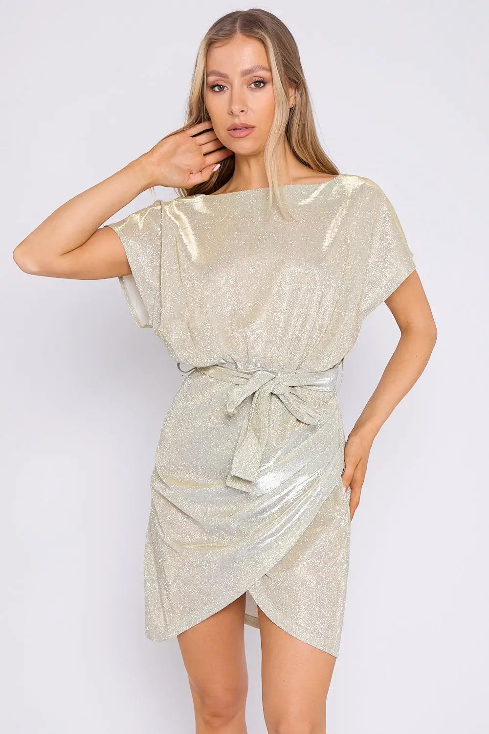 Champagne Sparkly Wrap Mini Dress by Aftershock London