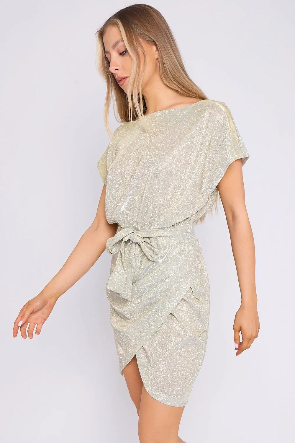 Champagne Sparkly Wrap Mini Dress by Aftershock London