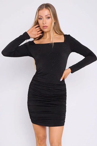 Black Diamante Ruched Mini Dress with Long Sleeves by Aftershock London